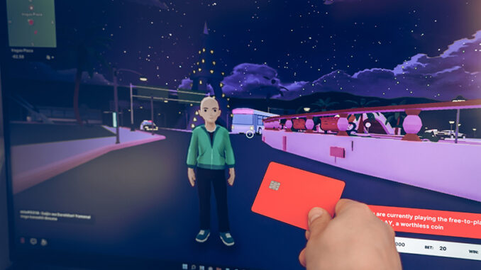 Russia Moscow 19.01.2022 Logo of metaverse. Investing in digital universe, real estate. Buy land in virtual world. Blockchain nft cryptocurrency.Man with mobile phone.Play-to-earn.Buing accessories