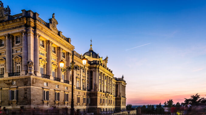 Royal Palace in Madrid, Spain, at sunset